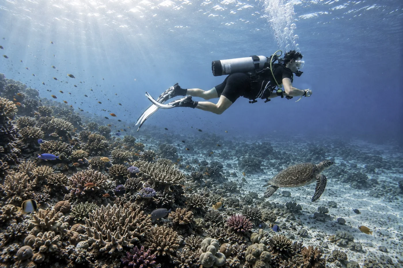 Scuba diving with a green turtle on a Maldives coral reef, Teatime Adventures
