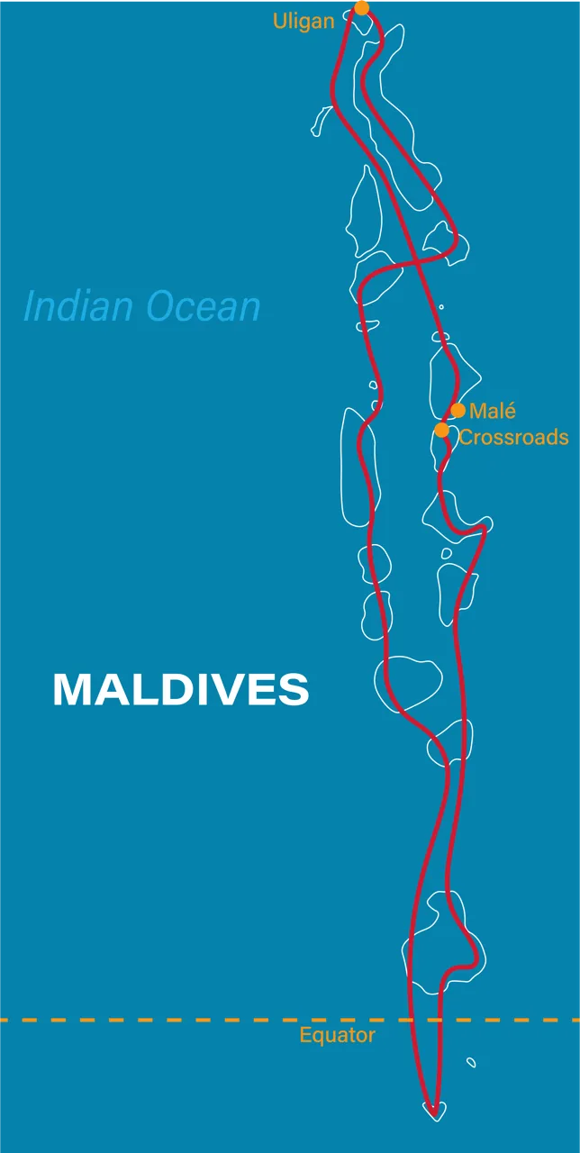 Indicative four-week route through the Maldivian atolls